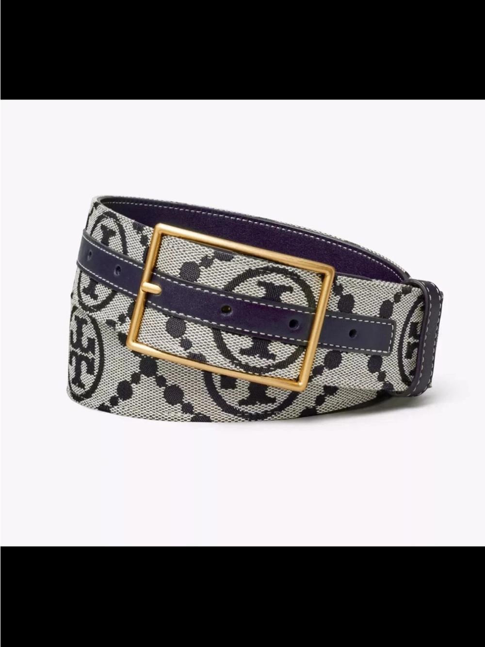 NWT Tory Burch 88072 1.5" T Monogram Logo Jacquard Leather Belt Navy Size S $260